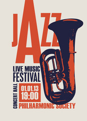 Vector vintage poster for good old jazz festival of live music with wind instrument trumpet and inscriptions. Music banner, flyer, invitation, ticket in retro style - 572018030