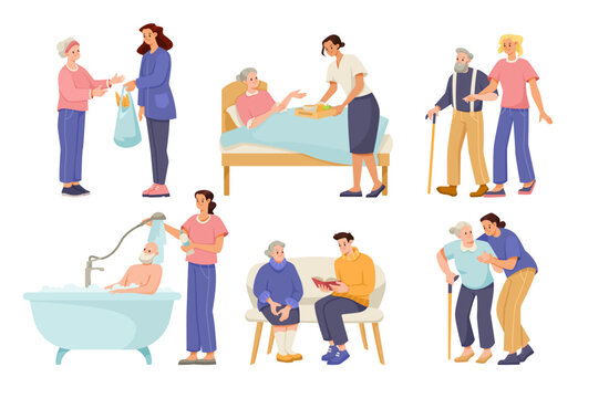 Man and Woman Volunteer Caring of Elderly People on Retirement Vector Illustration Set