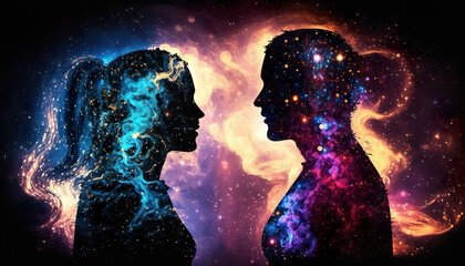 Two silhouetted figures face each other, with one filled with blue and electric patterns and the other with fiery and cosmic designs, creating a contrast between cool and warm tones. AI generated.