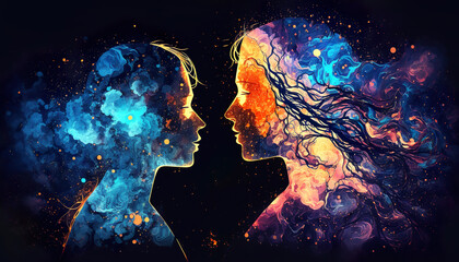 Obraz premium Human silhouettes on abstract cosmic background. Human souls couple in love. Spiritual life concept. Generative AI.