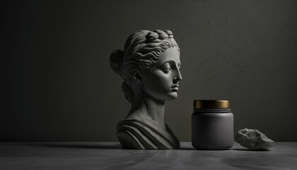 Dark promotional poster of cosmetic cream with a female stone sculpture on a little background. Generated AI. High quality illustration