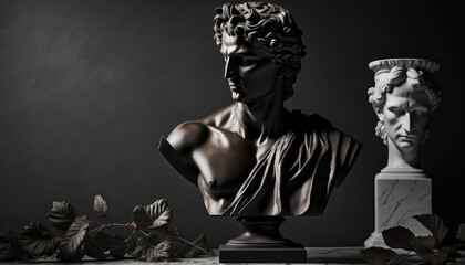 Majestic antique sculptures in the form of a bust on a pedestal and a vase of black and white flowers on a dark background. Generated Ai. High quality illustration
