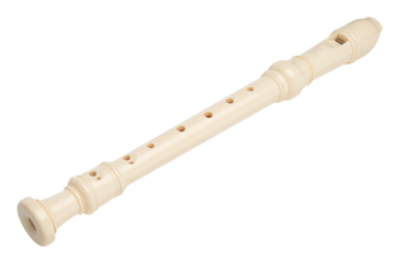 Recorder instrument. Soprano recorder, German fingering. Flute pipe. Classical music instrument for school student education. Learn melody. Flutist concert. High resolution. White Isolated background.