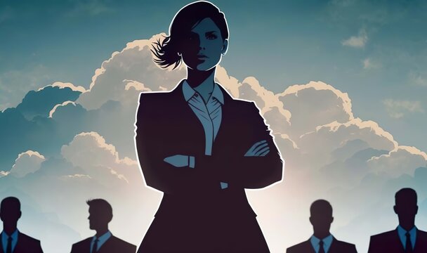 Businessfrau vor blauem Himmel und Silhouetten von Gesch&auml;ftsm&auml;nnern, KI generated