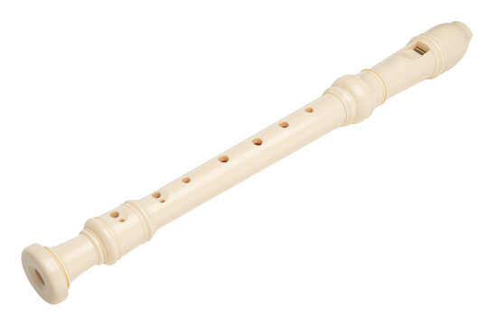 Recorder instrument. Soprano recorder, German fingering. Flute pipe. Classical music instrument for school student education. Learn melody. Flutist concert. High resolution. White Isolated background.