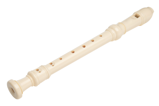 Recorder instrument. Soprano recorder, German fingering. Flute pipe. Classical music instrument for school student education. Learn melody. Flutist concert. High resolution. White Isolated background.