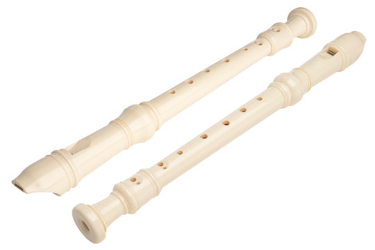 Recorder instrument. Soprano recorder, German fingering. Flute pipe. Classical music instrument for school student education. Learn melody. Flutist concert. High resolution. Isolated background.