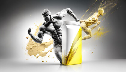 Advertising poster of sports nutrition. Protein packaging and male athletic physique. Generated AI. High quality illustration