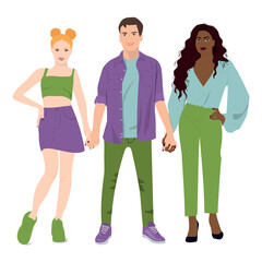 Obraz premium Three polyamorous people of various ethnicity. People holding hands. Polygamy and open relationship concept 