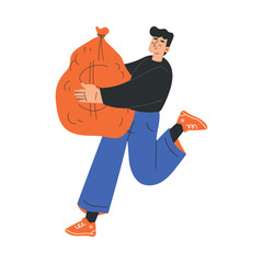 Rich Man Character Carrying Sack Full of Money Vector Illustration