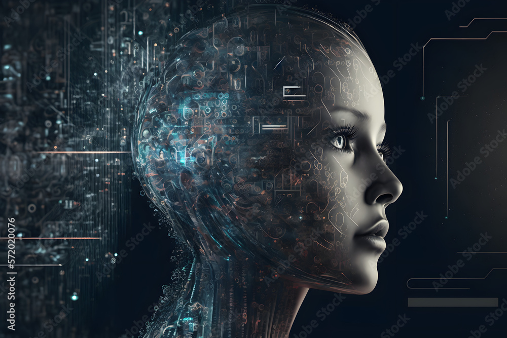 Poster ai, artificial intelligence. ai digital brain. robotics concept. human face made from polygon.