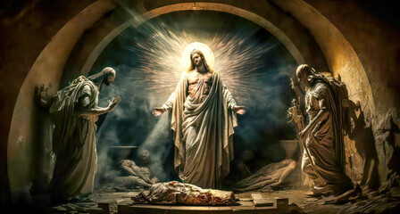 Jesus Auferstehung von den Toten Ostern Abstrakte Surreale Illustration Grafik Geneerative AI Digital Art Hintergrund Cover - obrazy, fototapety, plakaty