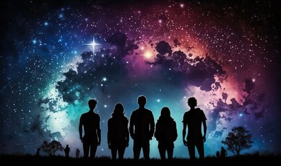 Silhouetten von fünf Freunden vor einem farbenfrohen Sternenhimmel, KI generated
