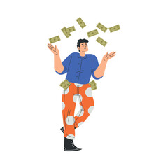 Rich Man Character Throwing Green Banknotes and Bills Vector Illustration