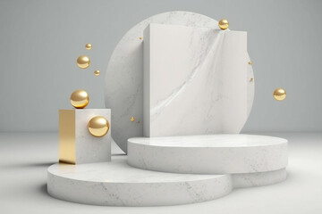 White and golden product presentation mock-up. Marble podium with copy space. Stage, display, showroom. Empty scene. Generative AI.