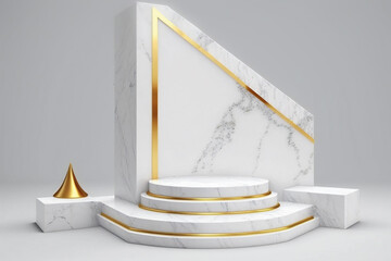 White and golden product presentation mock-up. Marble podium with copy space. Stage, display, showroom. Empty scene. Generative AI.
