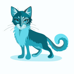 Vector illustration, very beautiful cat with a magnificent tail. Flat line art style design of blue cat in different shades on white color background.