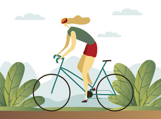 Woman Character Riding Bicycle Enjoying Vacation or Weekend Activity Vector Illustration