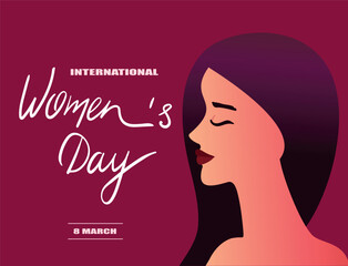 International Women's Day greeting poster. Beautiful woman on burgundy color background. Minimal. Hand drawn text Women's Day. For template, veb, design, cards, poster