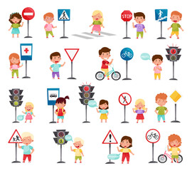 Traffic Road Education with School Kids Learning Safety Rules Big Vector Set