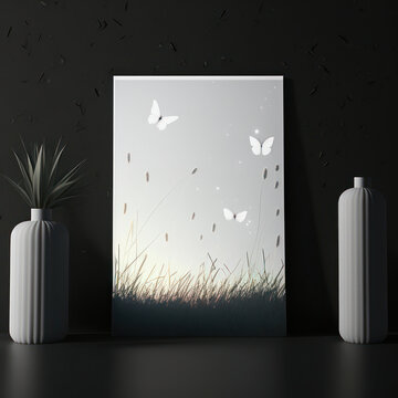 Mockup photo frame, butterflies and fireflies in a meadow AI Generaion