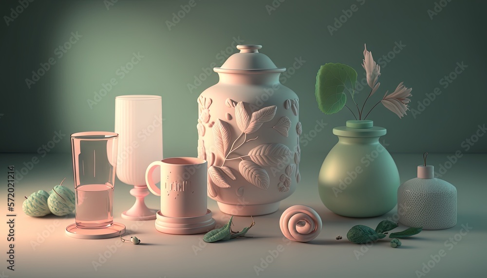 Poster a collection of vases and other items on a table. generative ai