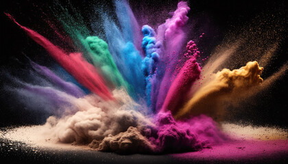 Explosion of powder particles and shapes of different colors up from the surface. Generated AI. High quality illustration
