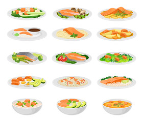 Tasty Salmon Dish with Slabs of Fish Served on Plate with Garnish Big Vector Set
