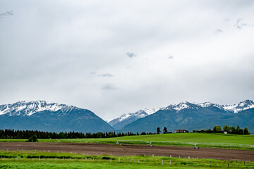White Wallowa Mountain Range and Green Rolling Hills in Oregon in Winter