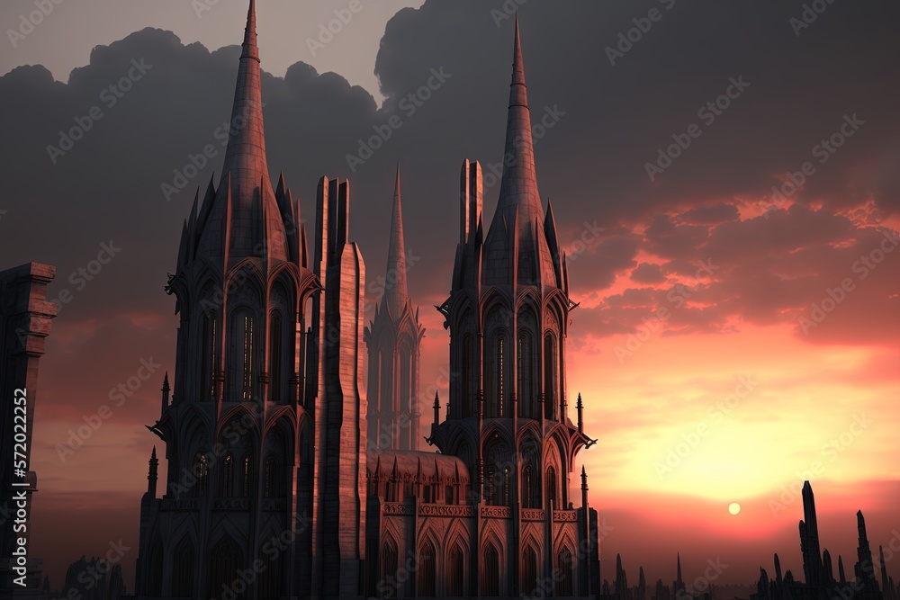 Poster a computer generated image of a gothic cathedral at sunset or dawn. generative ai