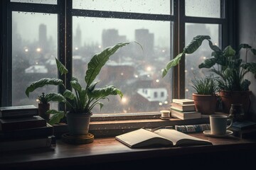View from a plant-cluttered desk out a window into a rainy city, Generative AI