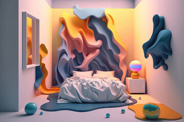 Generative AI illustration of creative bedroom with decorative elements on walls