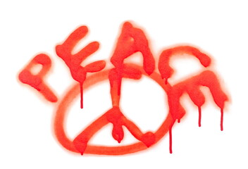 Red spray stain word peace and sign, painted graffiti isolated on white, clipping