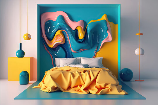 Generative AI illustration of surreal bedroom interior with bright furniture