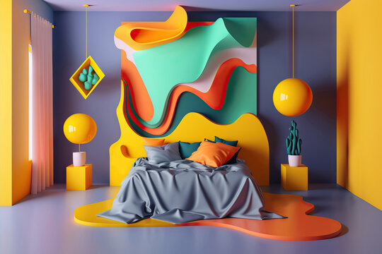 Generative AI illustration of surreal bedroom interior with bright furniture