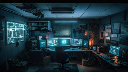 cyberpunk hackers basement control room setup with many computers and blue screens