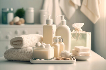 Obraz na płótnie Canvas Cosmetic products for body care, cleansing skin in white bottles with toiletry - towels, bath salt, sponge in elegant soft light white bathroom interior - Generative AI
