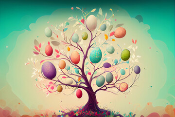 Colorful tree with Easter eggs. Festive background or card. Copy Space. Generative Ai