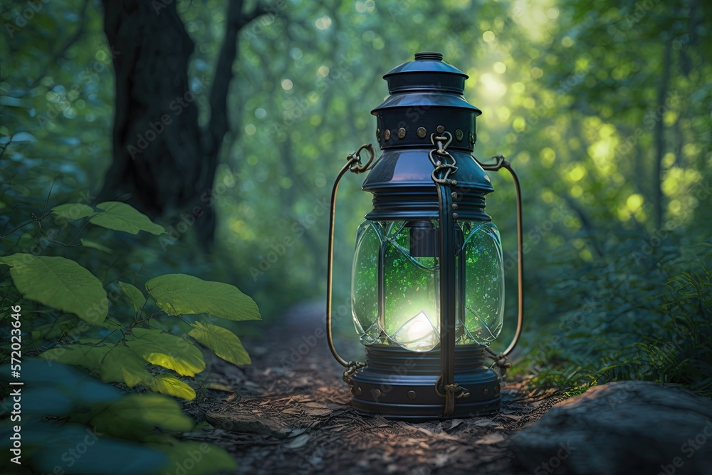 Aufkleber a lantern with a glowing light in the middle of a forest. generative ai