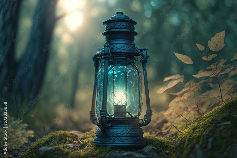 Poster an old fashioned lantern in the woods with a light shining on it. generative ai