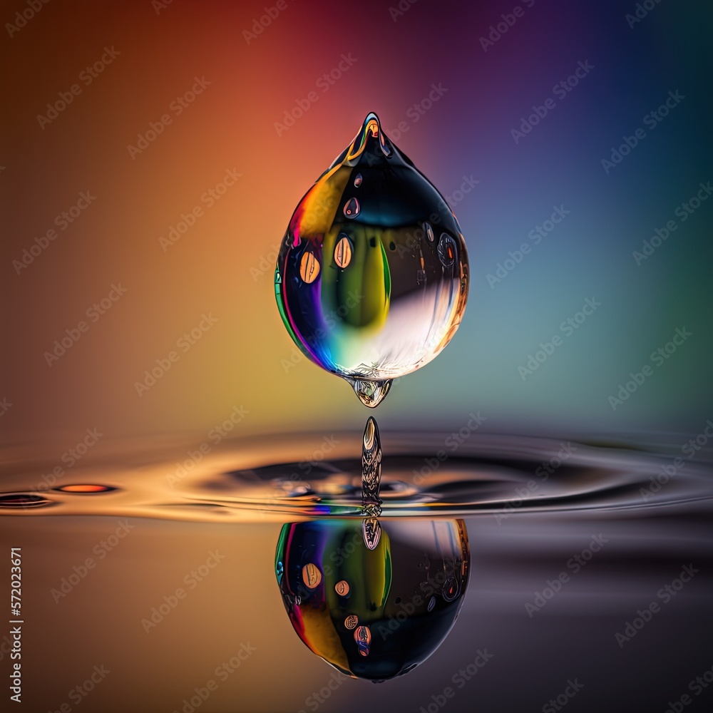 Aufkleber a drop of water with a multicolored background and a reflection. generative ai