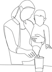 Minimalist supermom concept. Mother cooks mpasi for her children. Black and white vector illustration, mother, supermom.