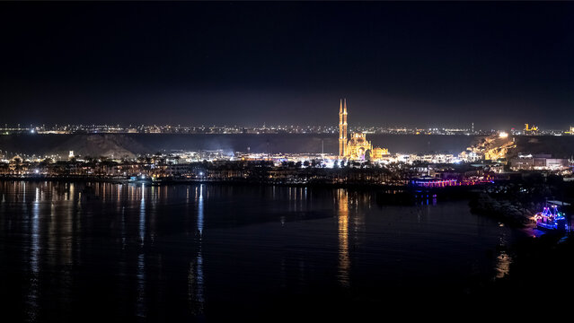 The beautifully et "Al Sahaba" mosque in Sharm El Sheikh at night time, Egypt. panoramic view of the old town and the red sea, Hadaba district