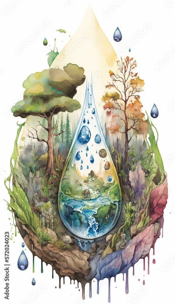 Poster a painting of a water drop with trees and a stream of water. generative ai