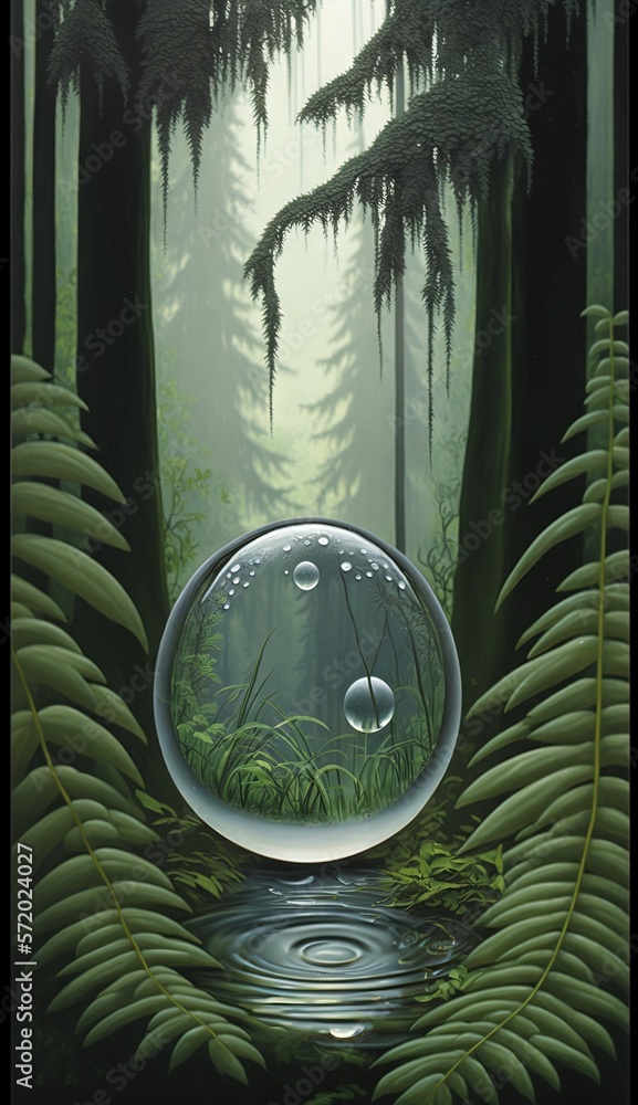 Poster a painting of a forest with a bubble floating in the water. generative ai