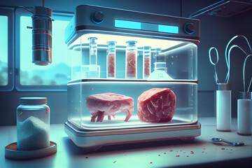 Meat cultured in vitro in laboratory. Future alternative food. generative Ai