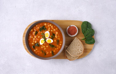 Potaje de vigilia - Chickpea stew with spinach and eggs. Typical spanish food for Easter holidays. top view