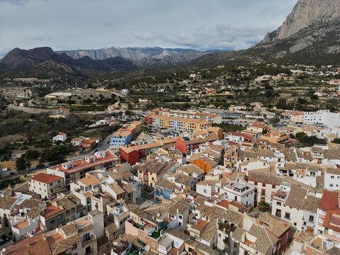 Top view of the Spanish city of Finestrat.Drone photo.Сity of Finestrat and the Puig Campana mountain.Costa Blanca,Spain 
