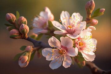Obraz na płótnie Canvas Spring blossom, pink buds and flowers on tree branch. Close Up View. generative Ai