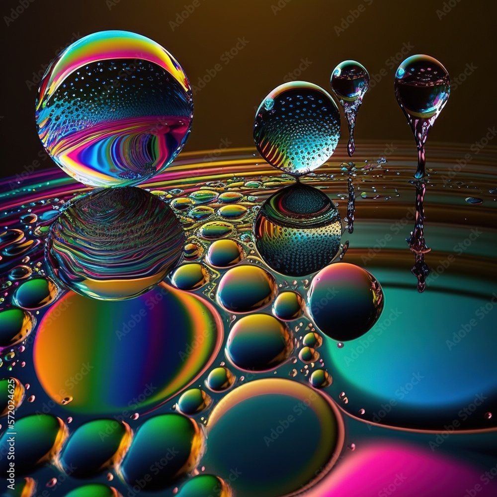 Poster a group of bubbles floating on top of a colorful liquid. generative ai
